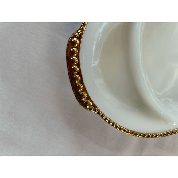 Vintage Fire King Milk Glass Three Section Platter Set, Gold Trim, Made in USA - Picture 4 of 8